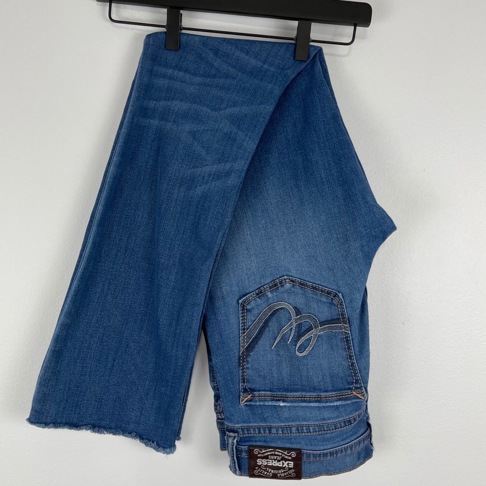 Express Mid Rise Distressed Hem Bootcut Denim Jean